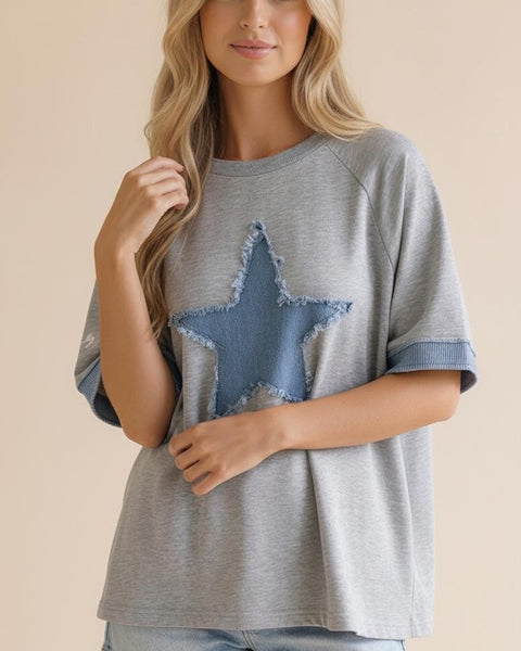 Denim Star Patchwork Washed French Terry Top HCT7559A - Salty Lime Boutique