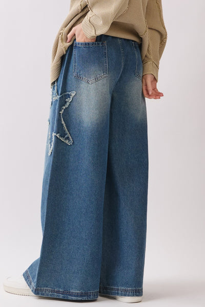 STAR PATCHWORK WIDE LEG DENIM PANT - DENIM
