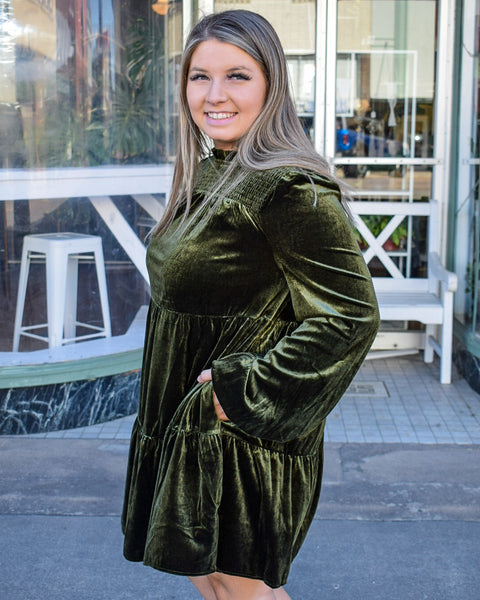 IVY VELVET DRESS - OLIVE