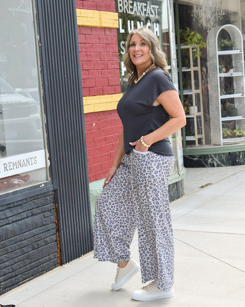 Elastic Waist Wide Leg leopard animal print Pant - Charcoal - Reg/Curvy - Salty Lime Boutique