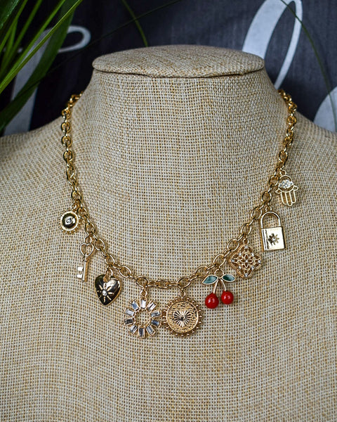 STARBURST AND CHERRIES CHARM NECKLACE - GOLD