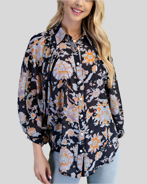 LIGHTWEIGHT FLORAL PRINT BUTTON DOWN SHIRT - BLACK