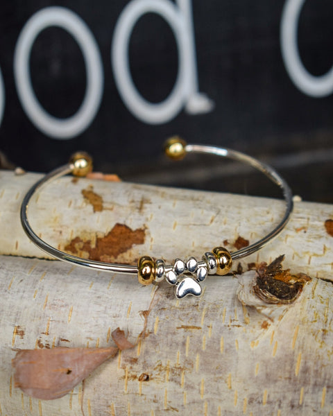 PAW PRINT CHARM CUFF BRACELET - SILVER