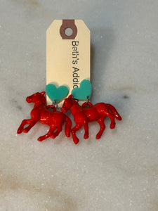 HORSE & HEART DANGLE EARRINGS - RED