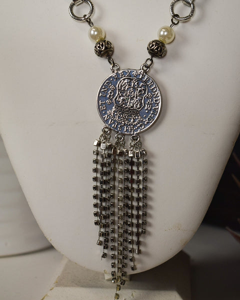 RHINESTONE COIN NECKLACE - ANTIQUE SILVER - Salty Lime Boutique
