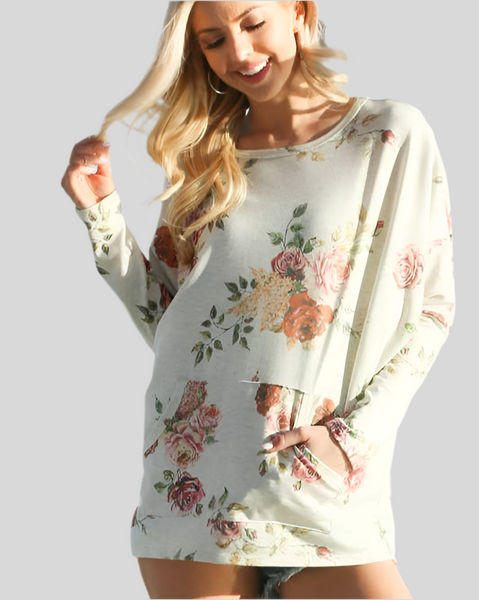 CAROLINA FLORAL PRINT DOLMAN SLEEVE TOP - OATMEAL