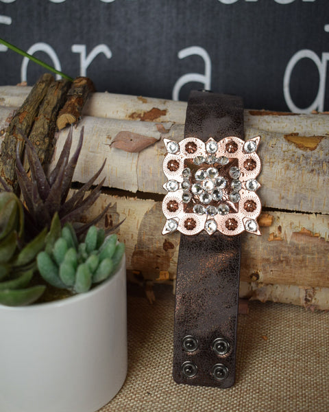 SQUARE MEDALLION WITH RHINESTONES LEATHER CUFF BRACELET - COPPER
