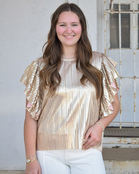 PLEATED FLUTTER SLEEVE TOP - GOLD - Salty Lime Boutique
