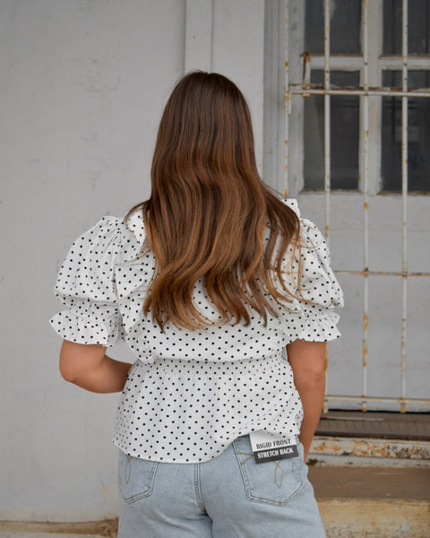 SHORT SLEEVE WOVEN POLKA DOT PRINT SMOCKED NECK RUFFLED PEPLUM TOP - Salty Lime Boutique