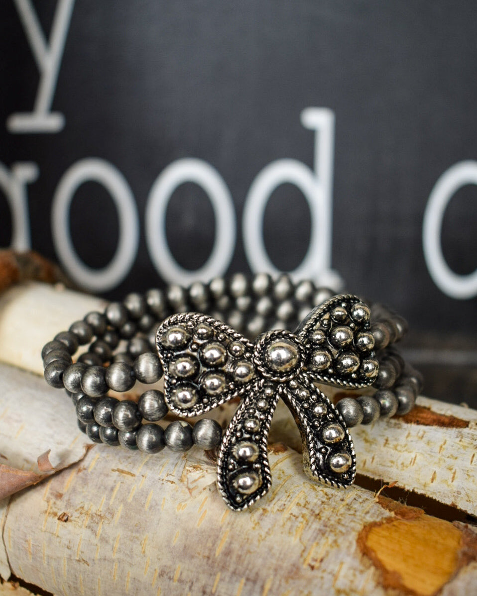 BOW & NAVAHO PEARLS STRETCHY BRACELET - SILVER
