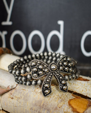 BOW & NAVAHO PEARLS STRETCHY BRACELET - SILVER