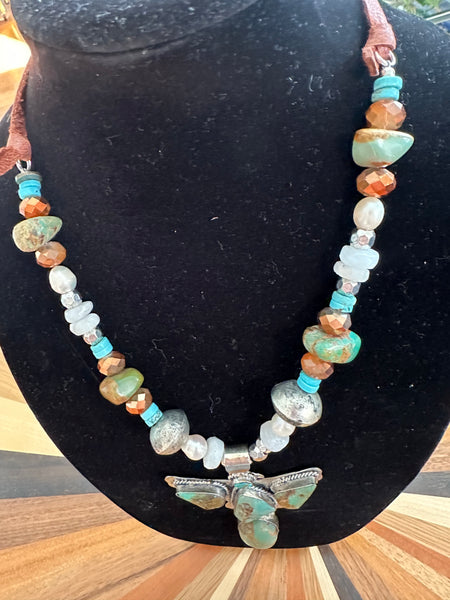 INDIAN EAGLE TURQUOISE NUGGET, PEARL, AND GLASS BEAD NECKLACE - BY A RARE BIRD