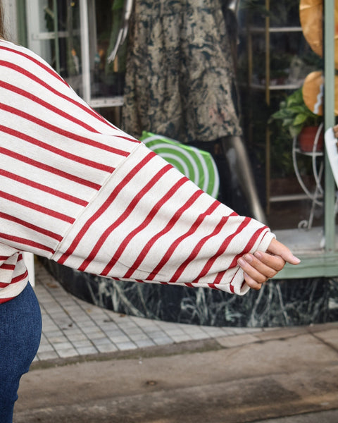 MARTHA STRIPED CREWNECK TOP - OATMEAL/RED