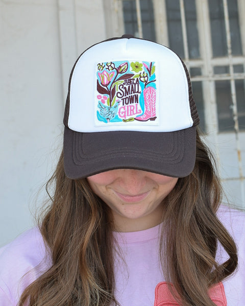 JUST A SMALL TOWN GIRL TRUCKER CAP - BROWN/WHITE