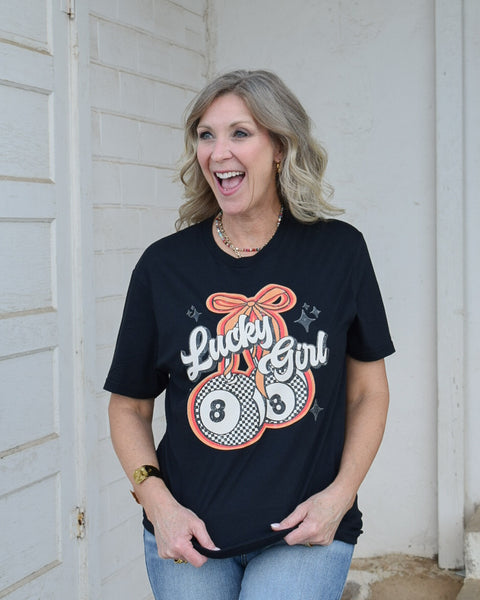 LUCKY GIRL GRAPHIC TEE - BLACK - CURVY