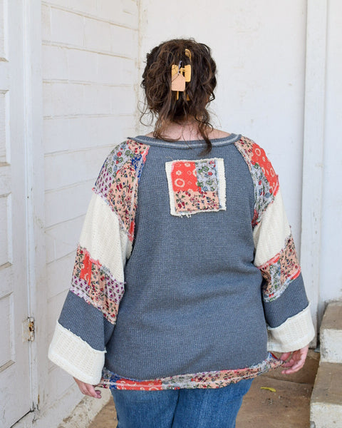 PEACE SIGN PATCHWORK TOP BY POL - CHARCOAL