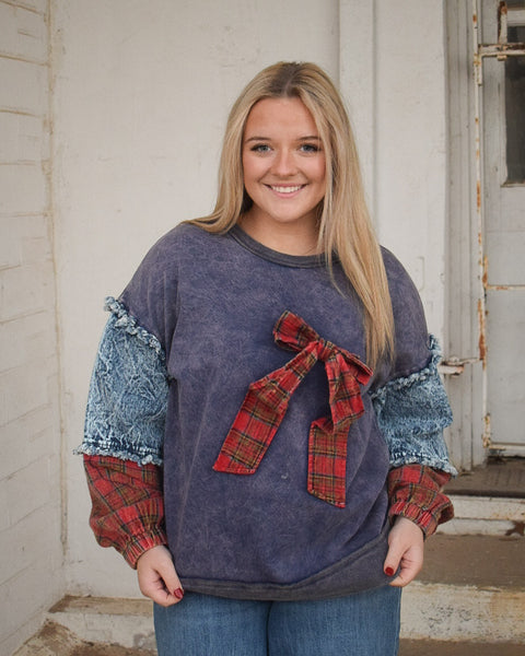 PLAID BOW DENIM SLEEVE PULLOVER- NAVY