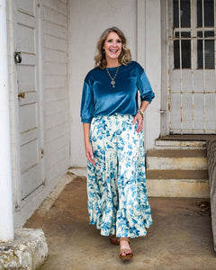 GENEVIEVE SHORT SLEEVE VELVET TOP - TEAL -  REG/CURVY