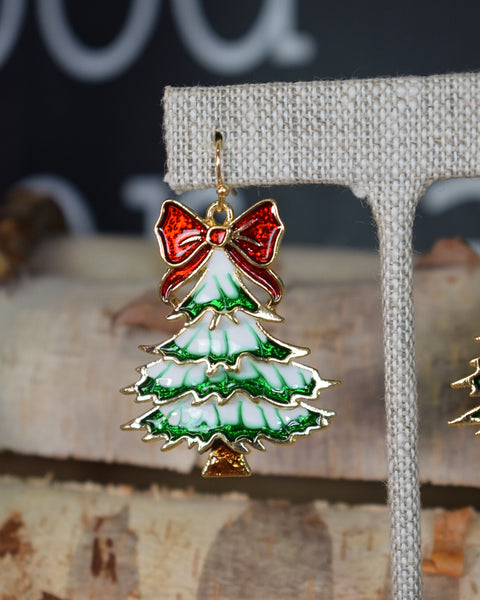 CHRISTMAS TREE WITH BOW EARRINGS - GREEN