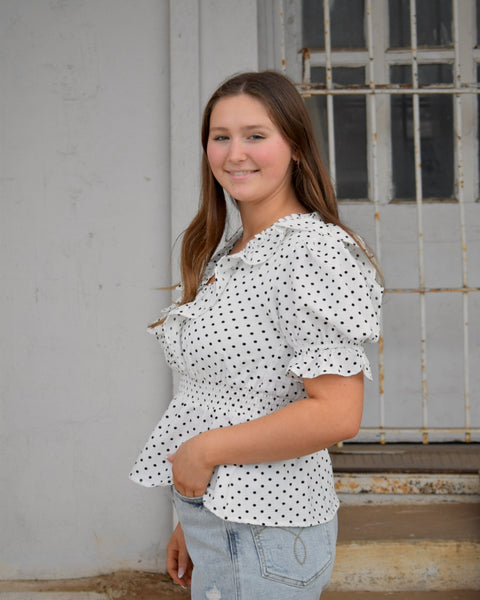 SHORT SLEEVE WOVEN POLKA DOT PRINT SMOCKED NECK RUFFLED PEPLUM TOP - Salty Lime Boutique