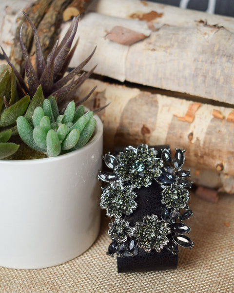SILVER ANTIQUED FLORAL BUCKLE WITH BLACK STONES LEATHER CUFF BRACELET - 2 COLORS