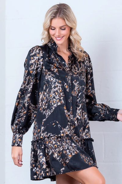 METALLIC BLACK LEOPARD MIDI DRESS - BLACK - Salty Lime Boutique