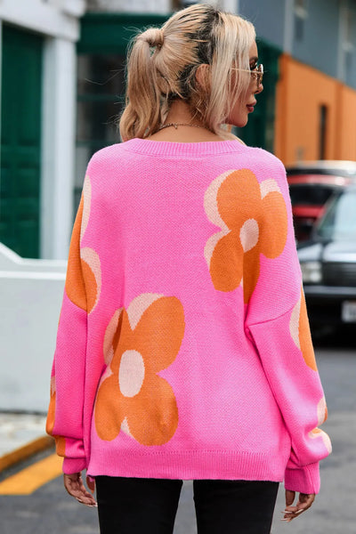 FIERY FLOWER PATTERN  SWEATER - PINK