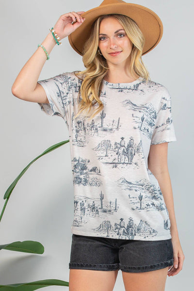 ELSA WESTERN LIFESTYLE PRINT T-SHIRT - GREY - REG/CURVY