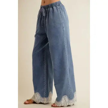 Elizabeth Denim Lace Trim Pants - Med Wash - Salty Lime Boutique