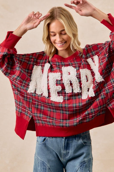 MERRY CHRISTMAS PLAID SWEATSHIRT - RED