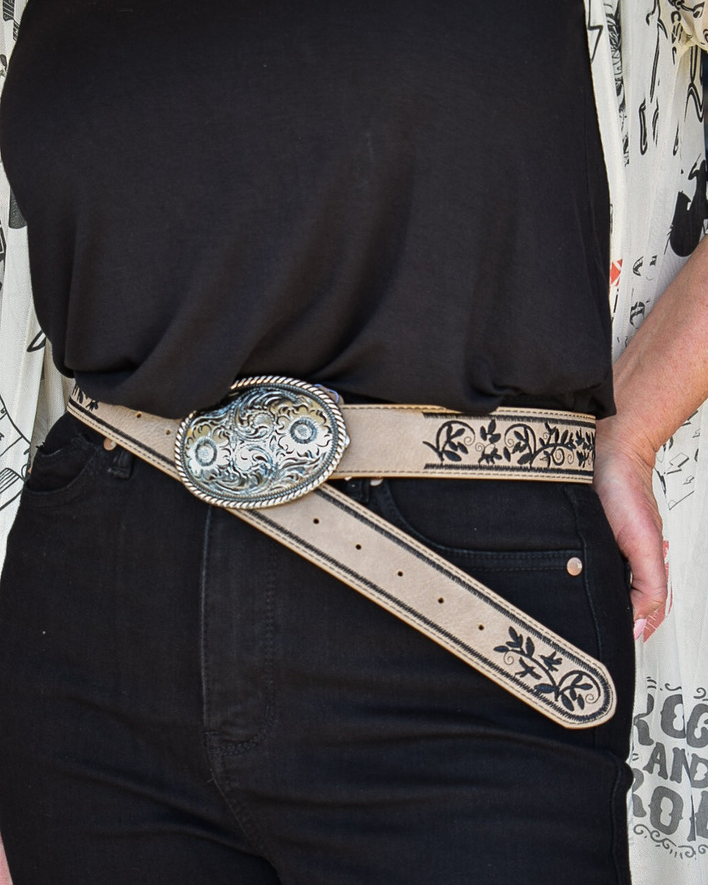 FLORAL EMBOSSED METAL BUCKLE EMBROIDERED BELT-  3 COLORS