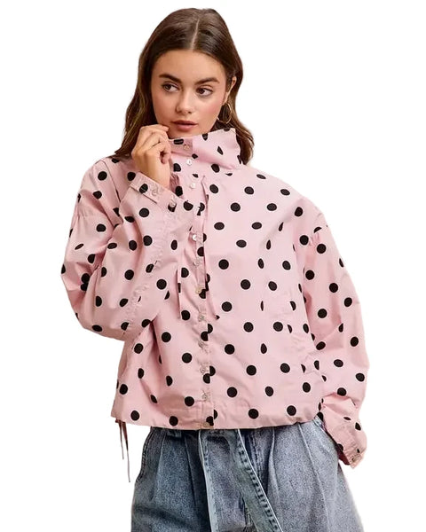 Polka Dot Hooded Windbreaker Jacket - Reg/Curvy - Dusty Pink - Salty Lime Boutique