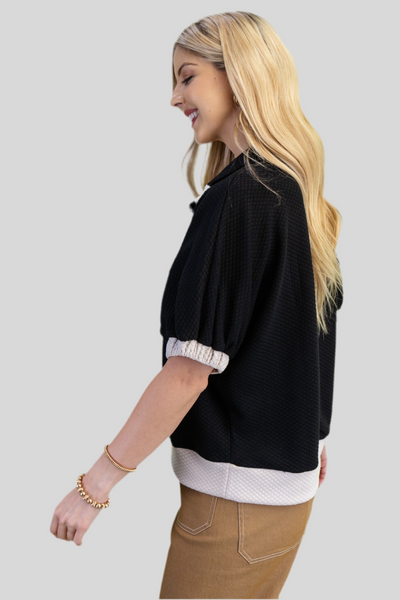 TEXTURED HALF ZIP MOCK NECK TOP - BLACK