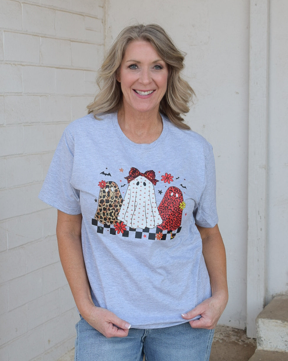 LEOPARD GHOSTIES GRAPHIC TEE- HEATHERED GREY