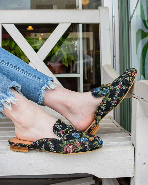 CHARMER FLAT MULE BY CORKYS - BLACK BROCADE