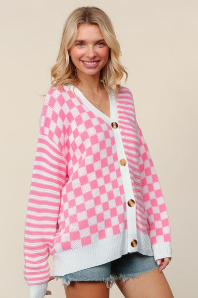 PRICILLA CHECKERED & STRIPED CARDIGAN - PINK
