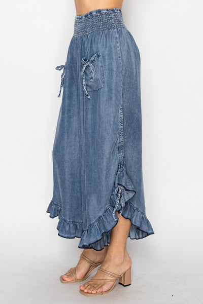 CHAMBRAY SMOCKED ELASTIC WAISTED BLOOMER PANTS WITH POCKETS - CHAMBRAY - Salty Lime Boutique