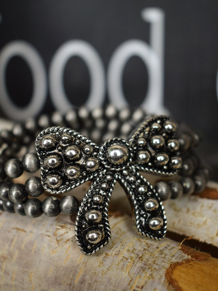 BOW & NAVAHO PEARLS STRETCHY BRACELET - SILVER