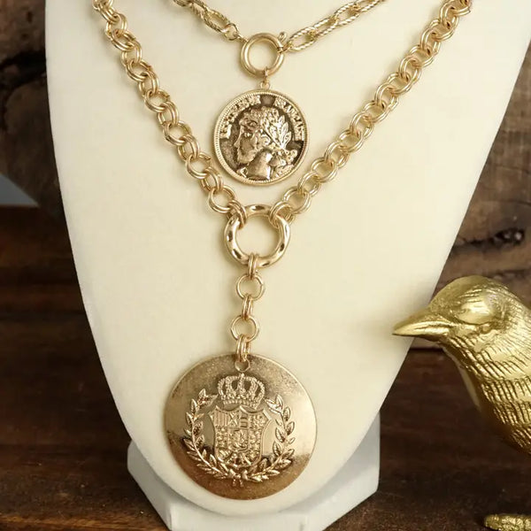 MULTI-LAYER 2-IN-1 COIN LARIAT STATEMENT NECKLACE - WORN GOLD