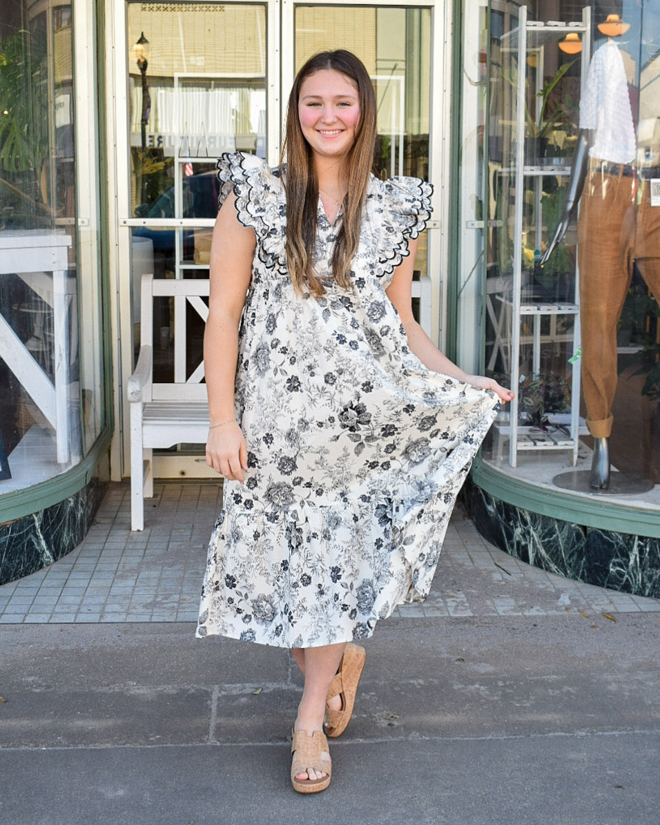 COUNTRY MORNING FLORAL PRINT MIDI DRESS - BLACK