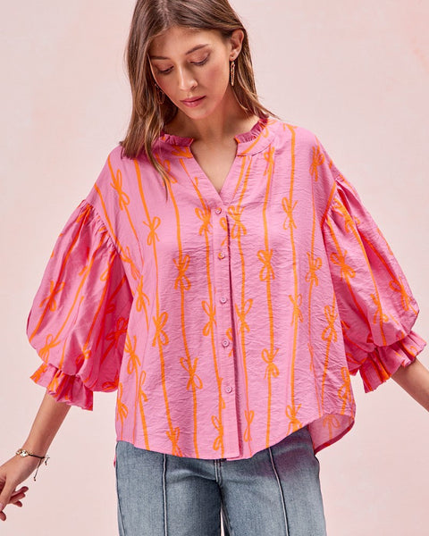 BOW RIBBON PRINTED WOVEN BUBBLE SLEEVES TOP WIHT BUTTON DOWN - REG/CURVY - Salty Lime Boutique