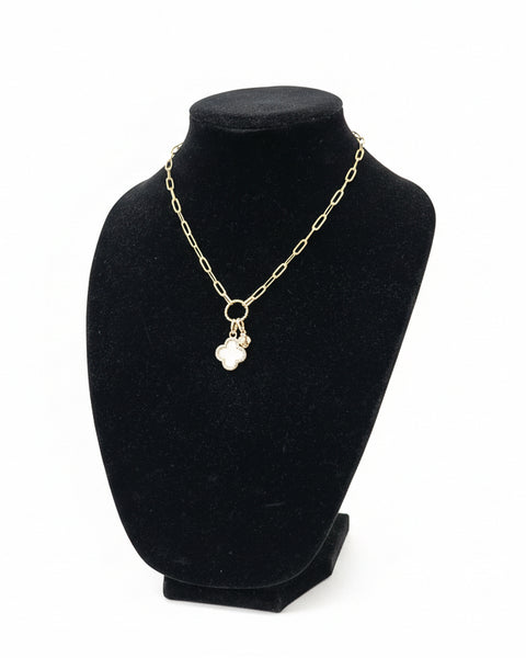 Rhinestone & Mother of Pearl Clover Necklace - Gold