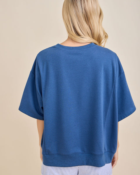 USA LACE PENNANT RIBBON SHORT SLEEVE- BOXY NAVY BLUE TEE - Salty Lime Boutique