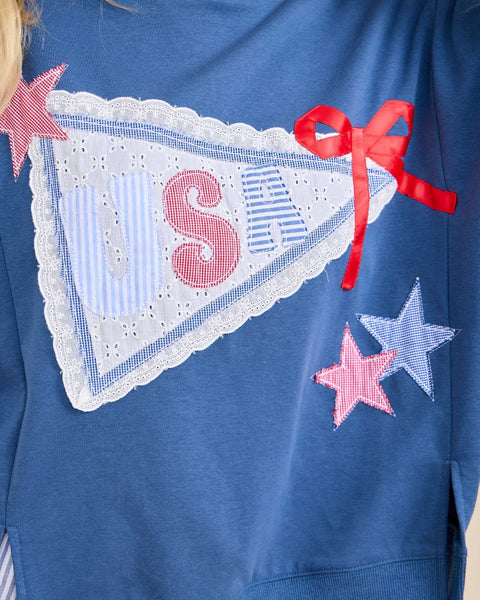 USA LACE PENNANT RIBBON SHORT SLEEVE- BOXY NAVY BLUE TEE - Salty Lime Boutique