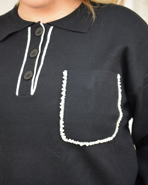 PEARL ACCENT POLO SWEATER- BLACK