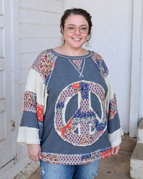 PEACE SIGN PATCHWORK TOP BY POL - CHARCOAL