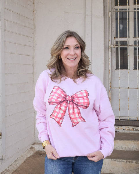 BIG ON BOWS PINK PLAID SWEATSHIRT - PINK - Salty Lime Boutique