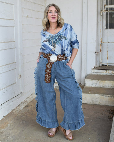 FRAYA RUFFLE HEM DENIM PANT - DENIM