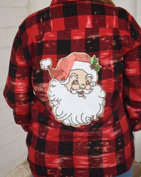 RED & BLACK CHECKERED FLANNEL TOP WITH SEQUIN SANTA PATCH - RED
