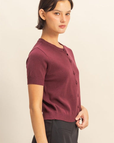 CREW NECK SHORT SLEEVE BUTTON UP CARDIGAN- DARK CHERRY